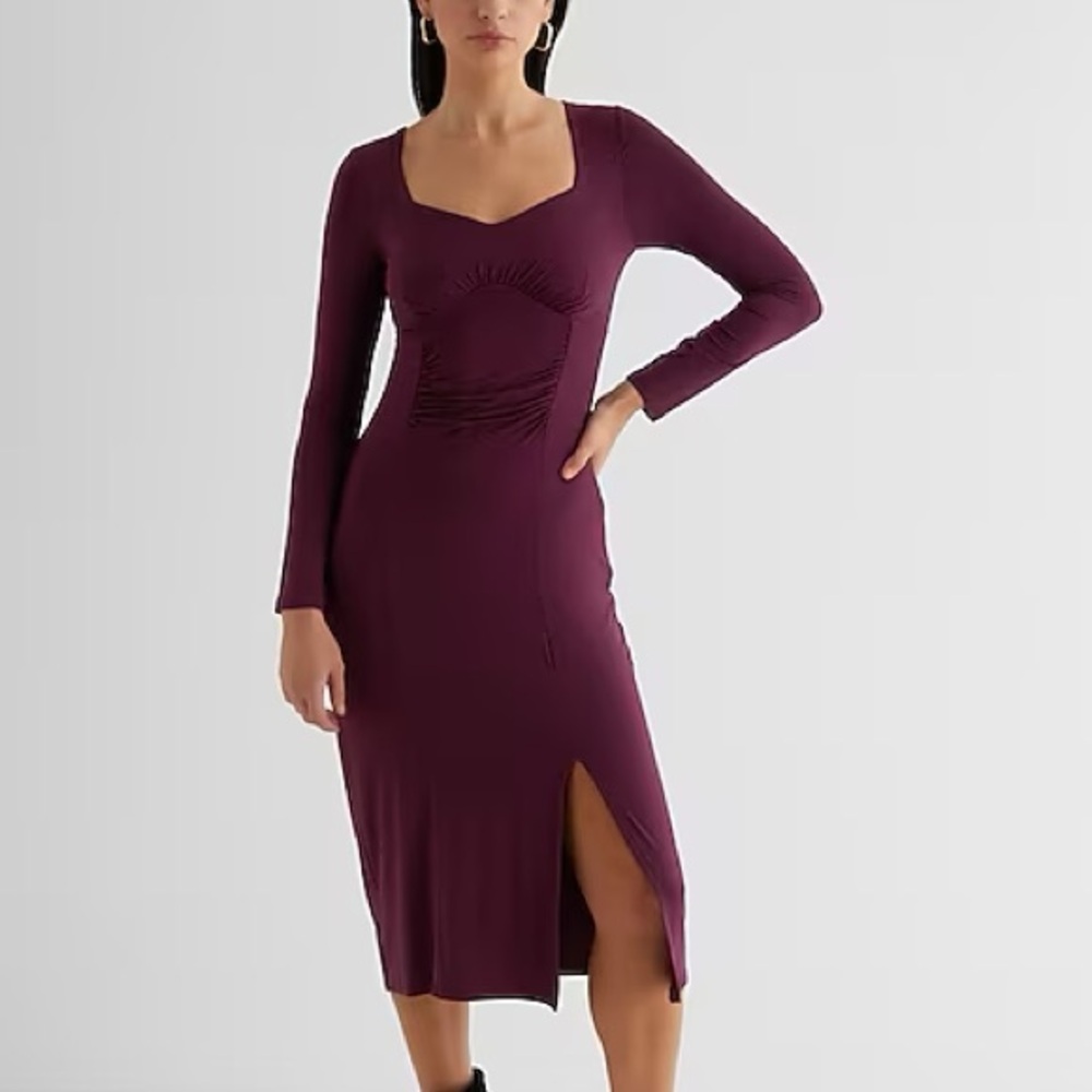 Express Purple Sweetheart Long Sleeve Ruched Side Slit Midi Dress